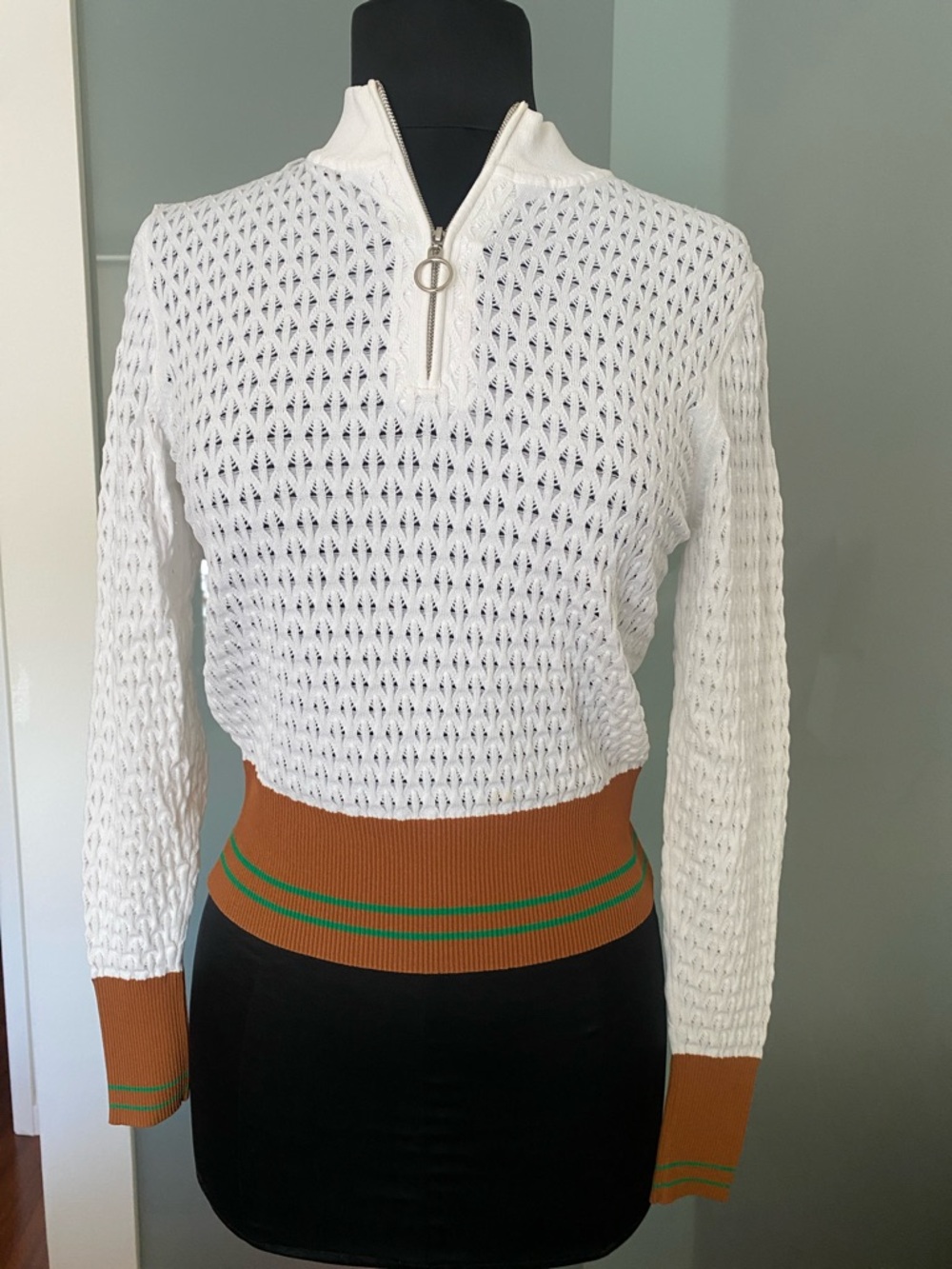 Sandro White Open-Knit Half-Zip Sweater with Tan & Green Waistband